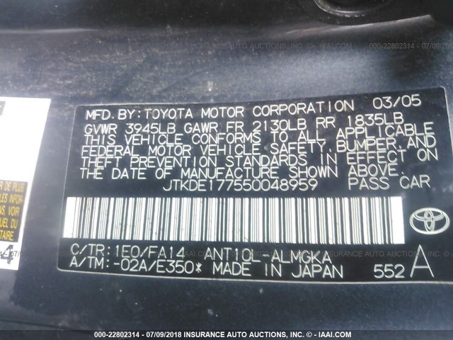 JTKDE177550048959 - 2005 TOYOTA SCION TC 灰色 照片 9