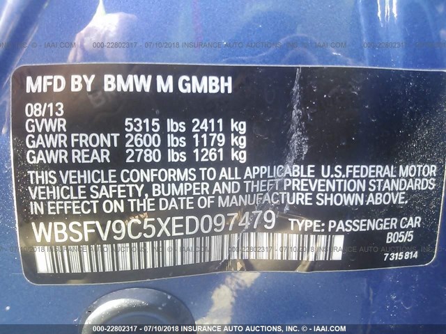 WBSFV9C5XED097479 - 2014 BMW M5 BLUE photo 9