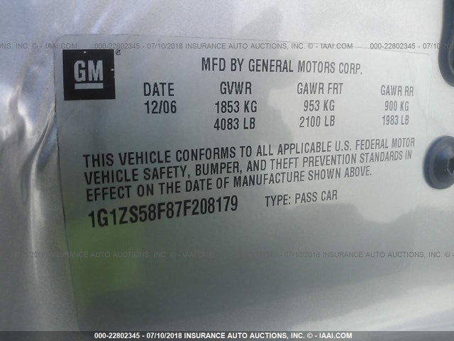 1G1ZS58F87F208179 - 2007 CHEVROLET MALIBU LS SILVER photo 9