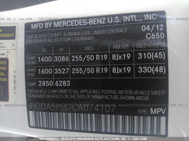4JGDA5HB7CA074107 - 2012 MERCEDES-BENZ ML 350 4MATIC WHITE photo 9