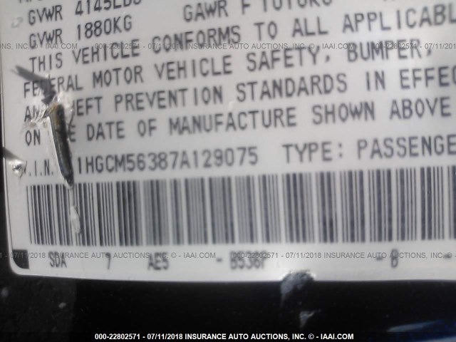 1HGCM56387A129075 - 2007 HONDA ACCORD SE BLUE photo 9