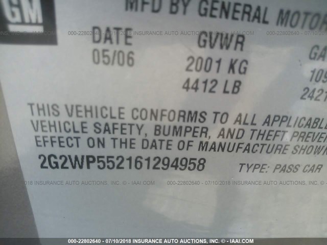 2G2WP552161294958 - 2006 PONTIAC GRAND PRIX BROWN photo 9