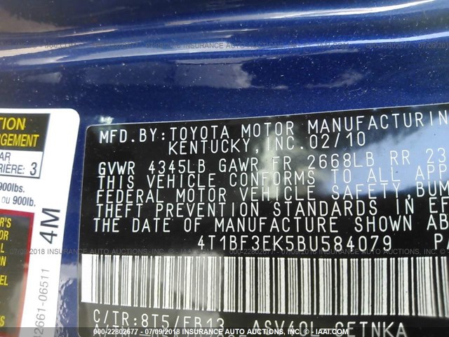 4T1BF3EK5BU584079 - 2011 TOYOTA CAMRY SE/LE/XLE BLUE photo 9