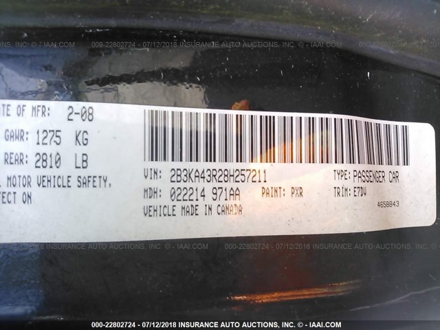 2B3KA43R28H257211 - 2008 DODGE CHARGER BLACK photo 9