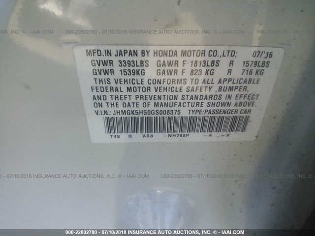 JHMGK5H50GS008375 - 2016 HONDA FIT LX WHITE photo 9