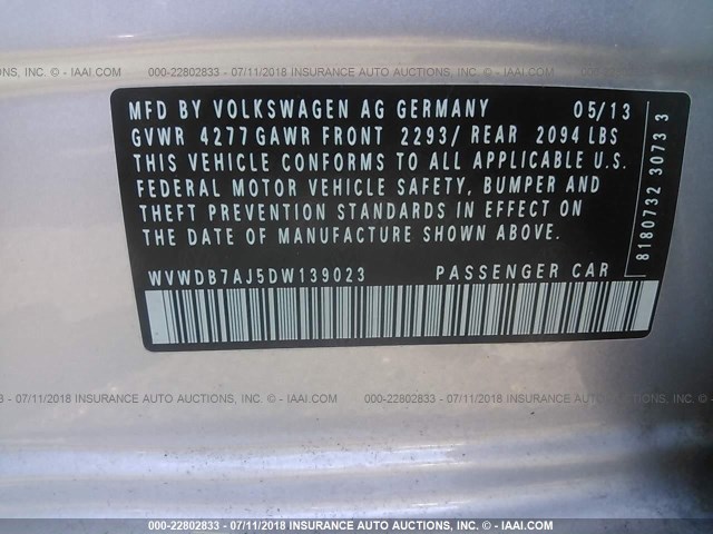 WVWDB7AJ5DW139023 - 2013 VOLKSWAGEN GOLF SILVER photo 9