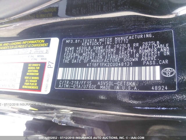 4T1BF1FK2CU048131 - 2012 TOYOTA CAMRY SE/LE/XLE შავი ფოტო 9