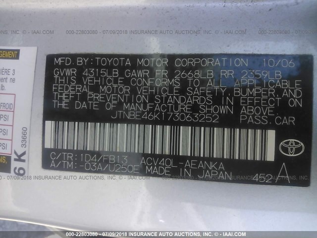 JTNBE46K173063252 - 2007 TOYOTA CAMRY NEW GENERAT CE/LE/XLE/SE GRAY photo 9