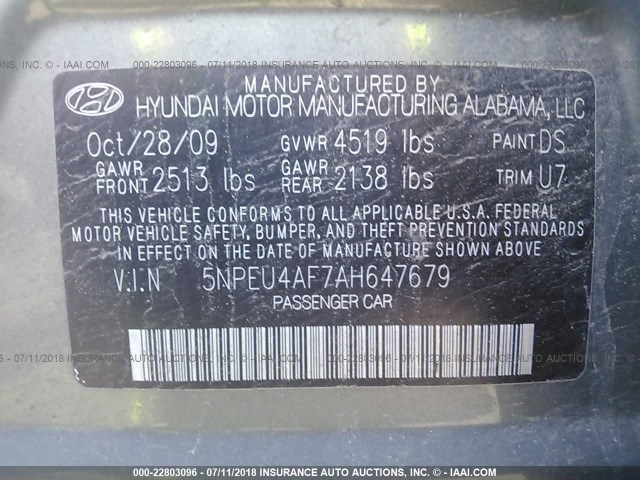 5NPEU4AF7AH647679 - 2010 HYUNDAI SONATA SE/LIMITED GRAY photo 9