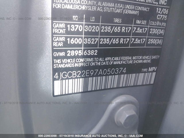 4JGCB22E97A050374 - 2007 MERCEDES-BENZ R 320 CDI SILVER photo 9