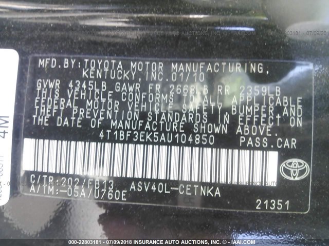 4T1BF3EK5AU104850 - 2010 TOYOTA CAMRY SE/LE/XLE შავი ფოტო 9