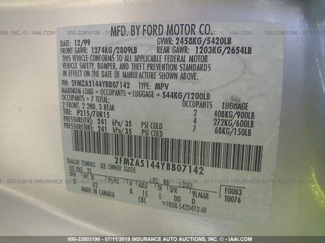 2FMZA5144YBB07142 - 2000 FORD WINDSTAR LX SILVER photo 9