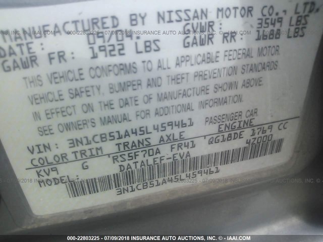 3N1CB51A45L459461 - 2005 NISSAN SENTRA 1.8S TAN photo 9