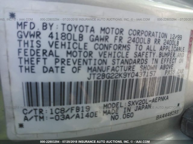 JT2BG22K9Y0437157 - 2000 TOYOTA CAMRY CE/LE/XLE ვერცხლისფერი ფოტო 9