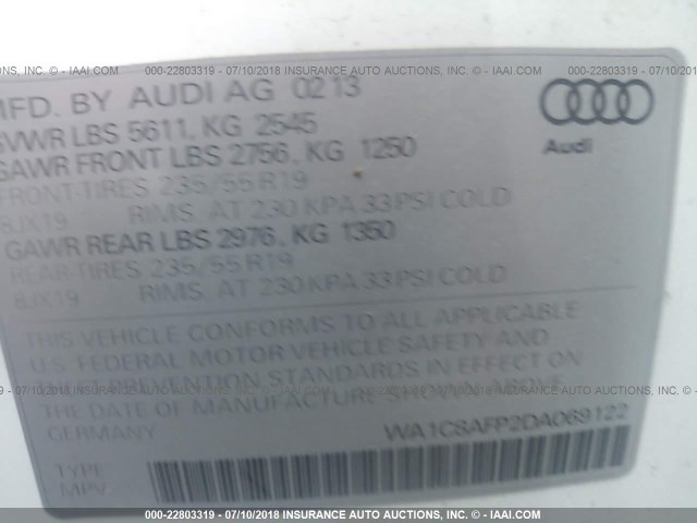 WA1C8AFP2DA069122 - 2013 AUDI Q5 PREMIUM HYBRID WHITE photo 9