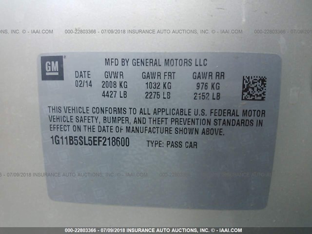 1G11B5SL5EF218600 - 2014 CHEVROLET MALIBU LS Qızıl foto 9