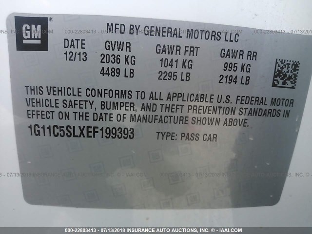 1G11C5SLXEF199393 - 2014 CHEVROLET MALIBU 1LT 白色 照片 9