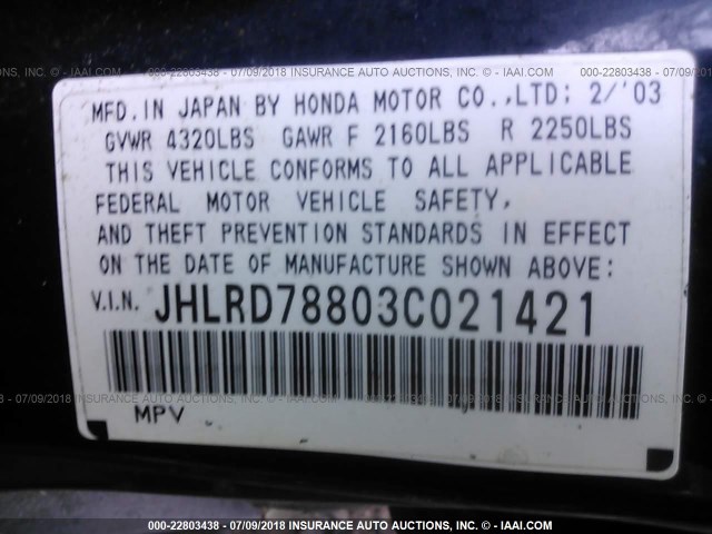 JHLRD78803C021421 - 2003 HONDA CR-V EX BLACK photo 9