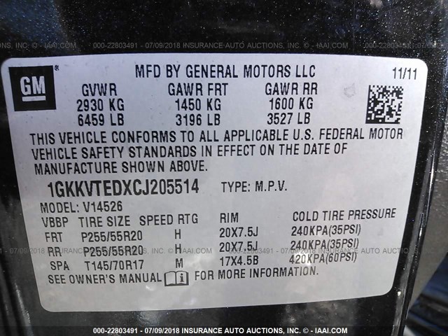 1GKKVTEDXCJ205514 - 2012 GMC ACADIA DENALI BLACK photo 9