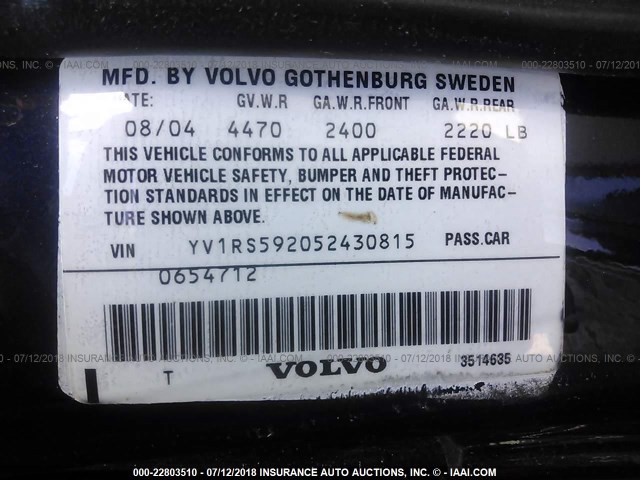 YV1RS592052430815 - 2005 VOLVO S60 2.5T BLUE photo 9