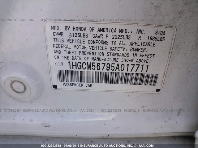 1HGCM56795A017711 - 2005 HONDA ACCORD EX WHITE photo 9