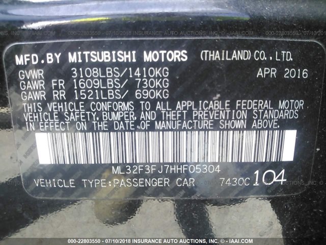 ML32F3FJ7HHF05304 - 2017 MITSUBISHI MIRAGE G4 ES შავი ფოტო 9