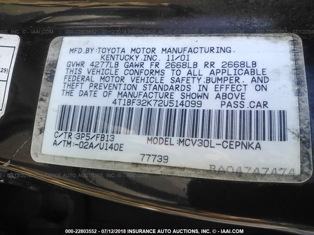 4T1BF32K72U514099 - 2002 TOYOTA CAMRY LE/XLE/SE 勃艮第红 照片 9