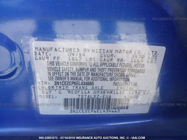 3N1CE2CP6EL434665 - 2014 NISSAN VERSA NOTE S/S PLUS/SV/SL BLUE photo 9