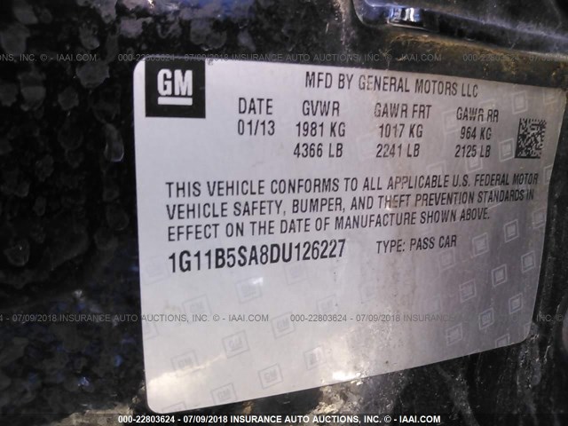 1G11B5SA8DU126227 - 2013 CHEVROLET MALIBU LS Қара фото 9