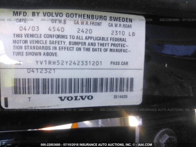 YV1RH52Y242331201 - 2004 VOLVO S60 R BLACK photo 9