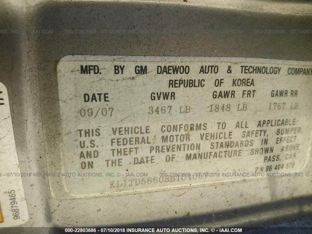 KL1TD56608B104067 - 2008 CHEVROLET AVEO LS GRAY photo 9