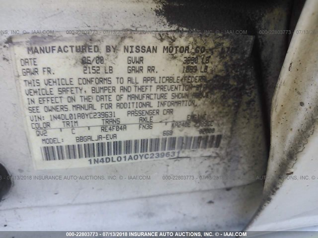 1N4DL01A0YC239631 - 2000 NISSAN ALTIMA XE/GXE/SE/GLE WHITE photo 9