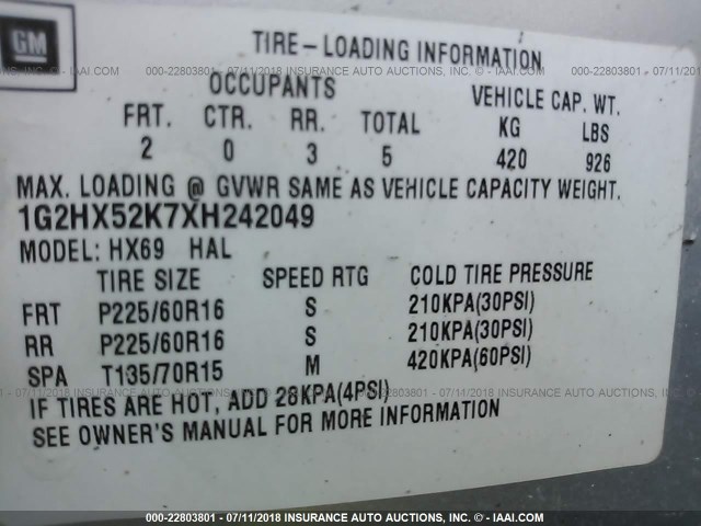 1G2HX52K7XH242049 - 1999 PONTIAC BONNEVILLE SE SILVER photo 9