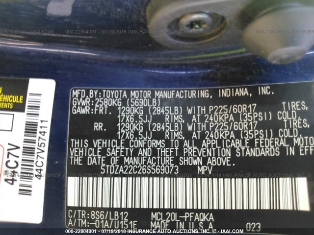 5TDZA22C26S569073 - 2006 TOYOTA SIENNA XLE/XLE LIMITED BLUE photo 9