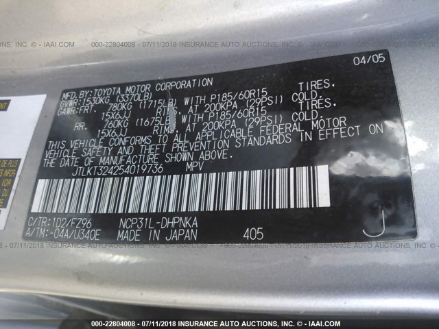 JTLKT324254019736 - 2005 TOYOTA SCION XB Boz foto 9