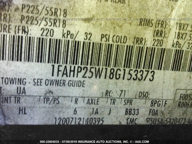 1FAHP25W18G153373 - 2008 FORD TAURUS LIMITED BLACK photo 9