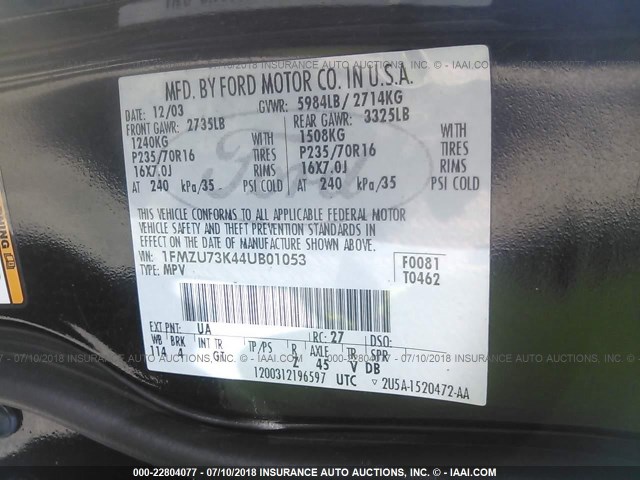 1FMZU73K44UB01053 - 2004 FORD EXPLORER XLT/XLT SPORT/NBX 黑色 照片 9