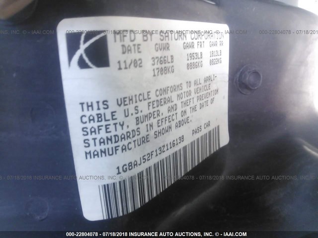 1G8AJ52F13Z116138 - 2003 SATURN ION LEVEL 2 BLACK photo 9