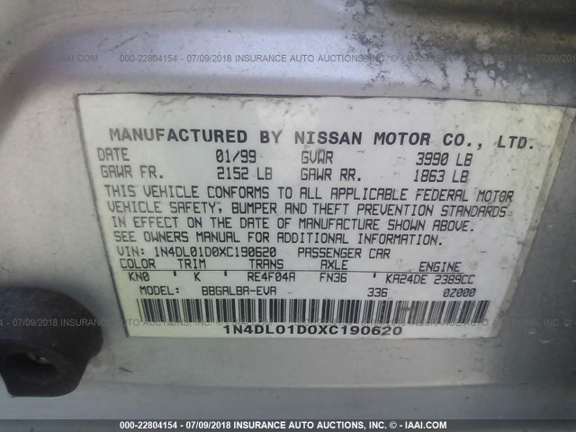 1N4DL01D0XC190620 - 1999 NISSAN ALTIMA XE/GXE/SE/GLE SILVER photo 9