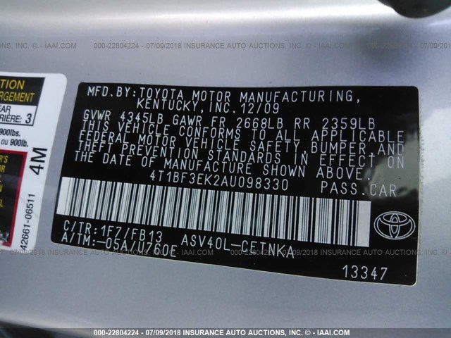 4T1BF3EK2AU098330 - 2010 TOYOTA CAMRY SE/LE/XLE 银色 照片 9