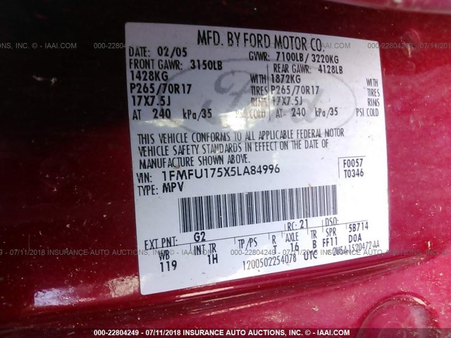 1FMFU175X5LA84996 - 2005 FORD EXPEDITION EDDIE BAUER RED photo 9