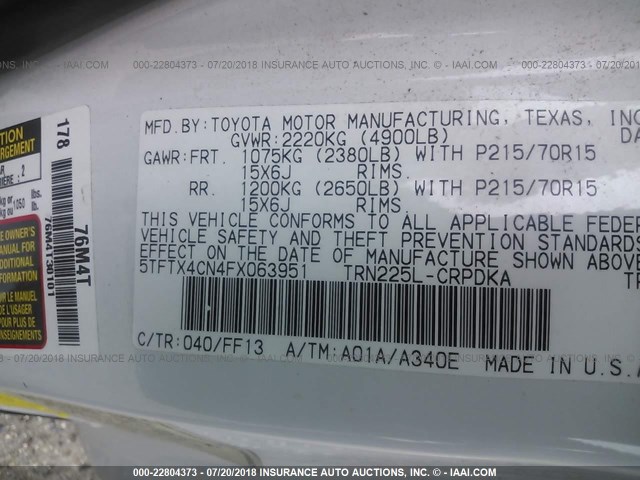 5TFTX4CN4FX063951 - 2015 TOYOTA TACOMA ACCESS CAB Weiß Foto 9