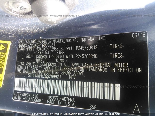 5TDJKRFH2GS299921 - 2016 TOYOTA HIGHLANDER XLE ლურჯი ფოტო 9