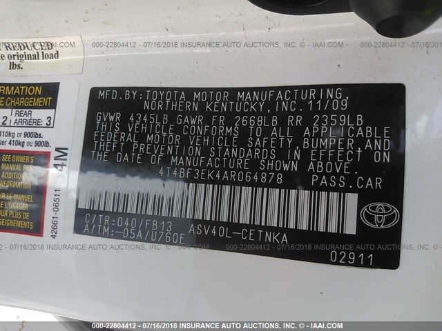 4T4BF3EK4AR064878 - 2010 TOYOTA CAMRY SE/LE/XLE WHITE photo 9