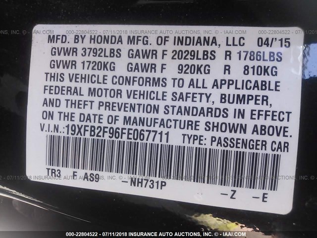 19XFB2F96FE067711 - 2015 HONDA CIVIC EXL 黑色 照片 9