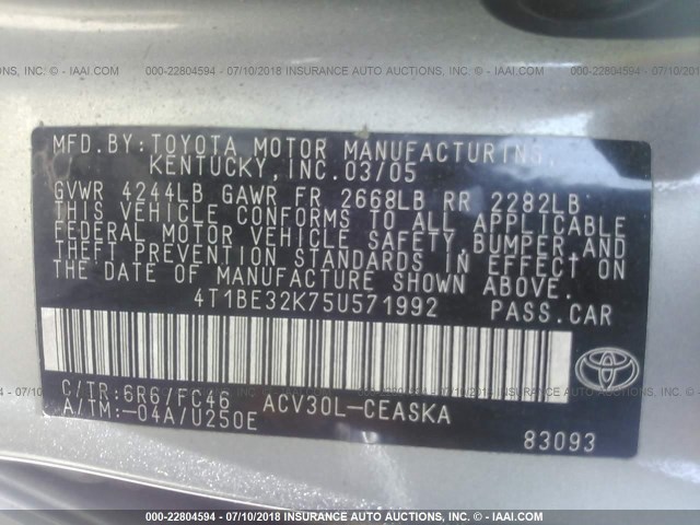 4T1BE32K75U571992 - 2005 TOYOTA CAMRY LE/XLE/SE 灰色 照片 9