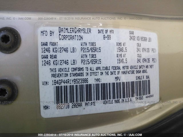 1B4GP44R1YB523986 - 2000 DODGE GRAND CARAVAN SE/SPORT TAN photo 9