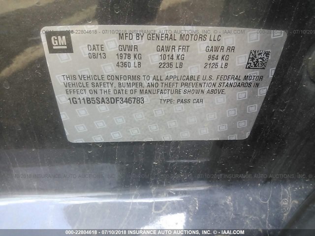 1G11B5SA3DF346783 - 2013 CHEVROLET MALIBU LS GRAY photo 9