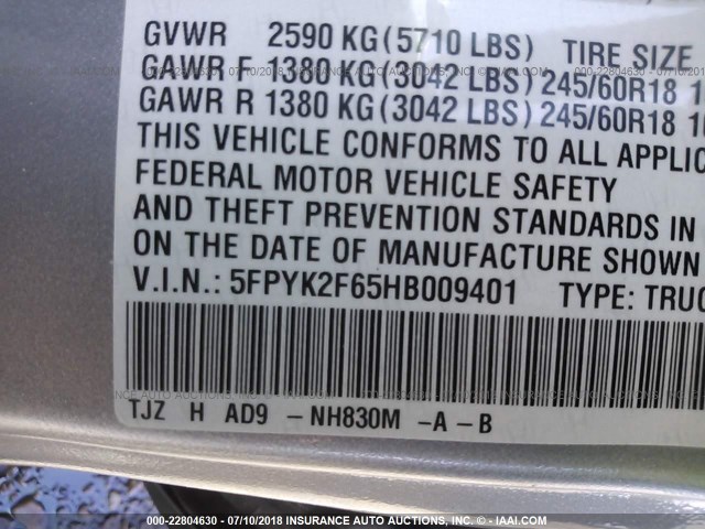 5FPYK2F65HB009401 - 2017 HONDA RIDGELINE RTL SILVER photo 9