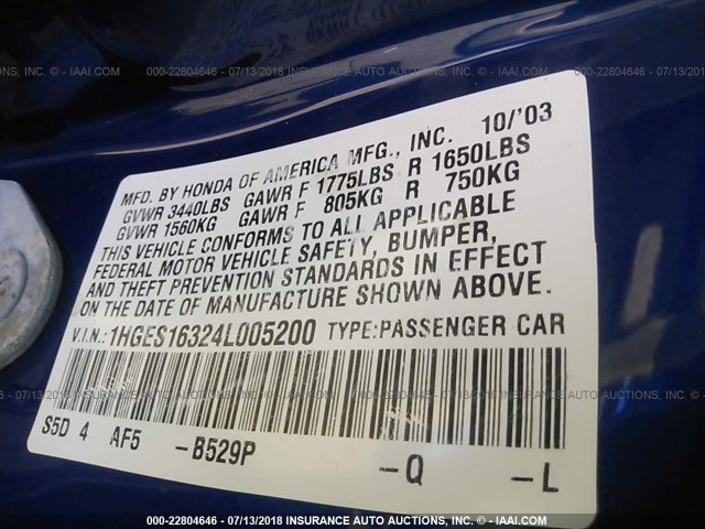 1HGES16324L005200 - 2004 HONDA CIVIC DX VP 蓝色 照片 9